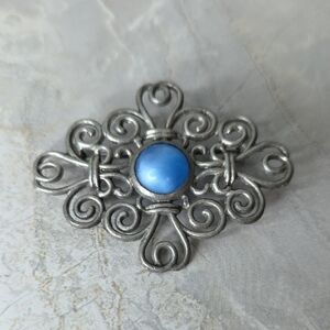 VINTAGE SILVER SWIRL BROOCH with BLUE OPALESCENT GLASS BROOCH PIN 2 1/2"